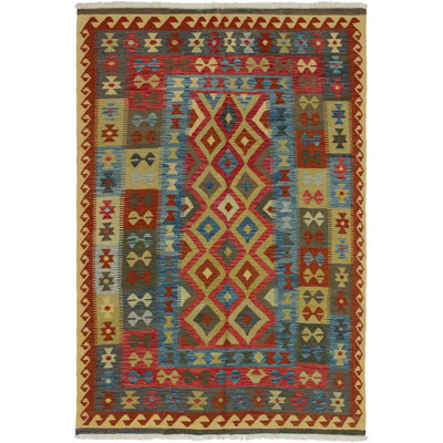 Tapis jaune/rouge en laine clair 6 pi 3 po x 9 pi 5 po handwoven à tissage plat Jakayla
