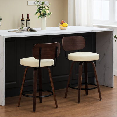 26" Upholstered Faux Leather Bar Stools Of 2, Walnut Back And Legs, Mid Century Style, 360 Rotation, Metal Footrest For Dining Room Counter Height Frame, Swivel, Footrest, Comfortable