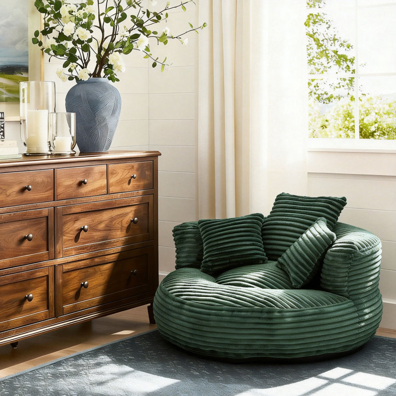 Fauteuil à billes surdimensionné avec 3 coussins et accoudoirs, grand canapé rond en velours côtelé pour le salon, la chambre à coucher