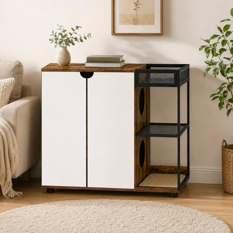 Armoire à litière pour chat 34,1 pouces à double couche avec support latéral en filet, deux entrées rondes, portes cachées pour le salon