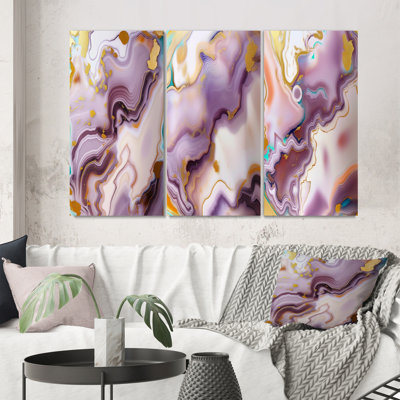 Gold Purple Purple Abstractions - Abstract Shapes Art Set Of 3 Pieces