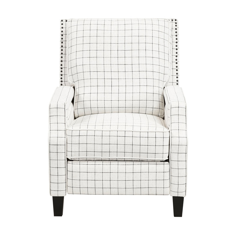 Fauteuil à mouvement automatique, sens de la mode transitionnel, motif écossais noir, base en bois massif, rembourrage en mousse sur les ressorts ensachés, coussins de dossier et de siège attachés, pieds exposés, conception à pression, charge de 300 lb,