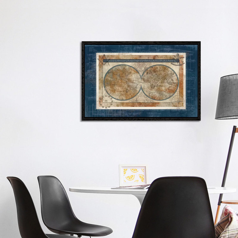 Blueprint Of The World by Carol Robinson - Print on Canvas, 66.04 cm H x 45.72 cm W, Black Framed Canvas