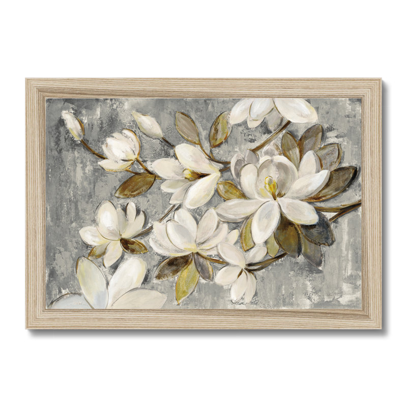 Magnolia Simplicity Neutral Grey by Silvia Vassileva - Painting, 24cm H x 34cm W, Natural Wood Framed Paper Print
