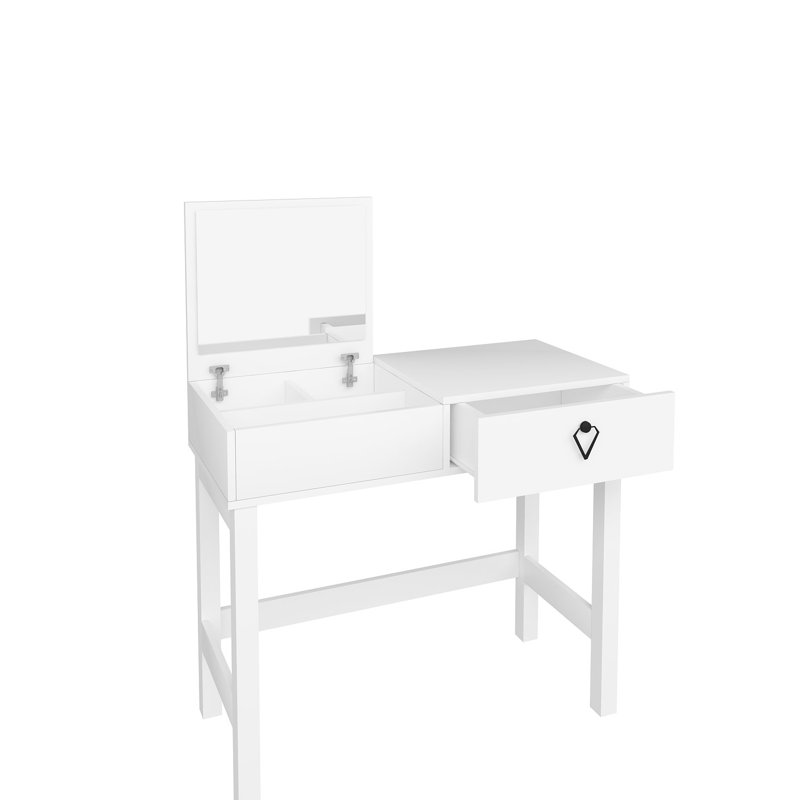 Table de maquillage moderne avec miroir, finition blanche, 35,4 x 33,3 x 16,5 pouces | 100% panneau de particules enduit de mélamine, épaisseur: 0,7 pouce | Conception élégante et fonctionnelle pour une routine de beauté, idéale pour tout espace
