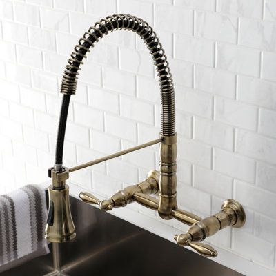 Kingston Brass Heritage Double-Handle 2-Hole Wall-Mount Pre-Rinse Bridge Kitchen Faucet