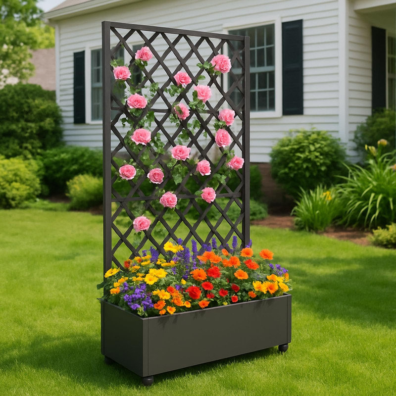 Lit de jardin surélevé roulant 72 "x 35" avec treillis - grande boîte à fleurs en métal avec drainage, noir