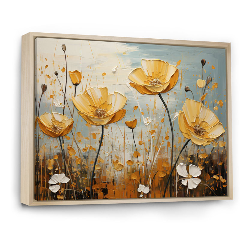 «Yellow Grey Buttercups Golden Glow Patchwork», reproduction sur toile, H 30 po x l 40 po x P 1,5 po, Cadre naturel flottant