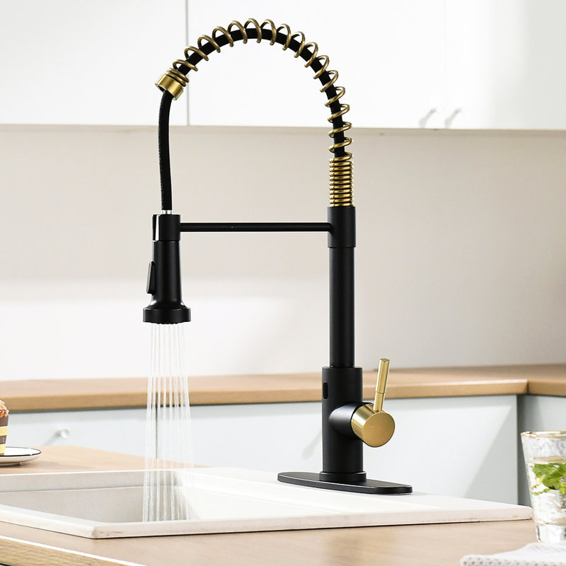 Touchless Kitchen Faucet With Pull Down Spray - Hands Automatic Smart, Black + Gold, Contemporary, Stainless Steel, Ceramic Fill Smart Touchless, , Contemporary Design, Filler