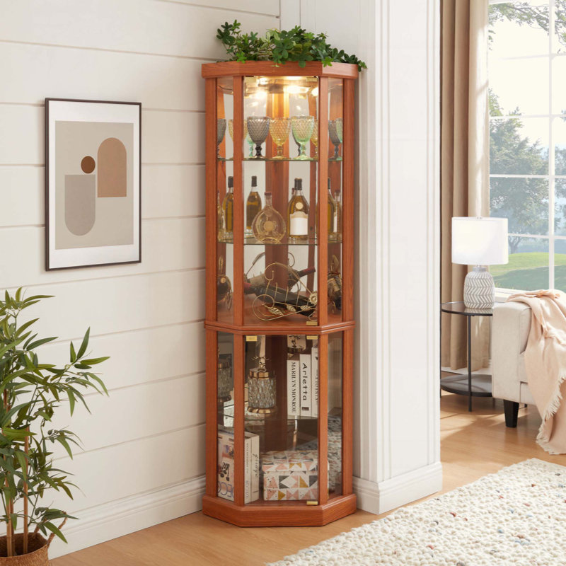 Corner Lighted Curio Cabinet Corner Glass Cabinet Lighted Curio Cabinet Corner Display Case For Living Room, Curio Cabinet, Antique Collection, Wine,Bar Glass Storage Light Included
