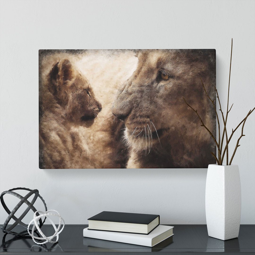Lion Cub With Its Mother Painting - Wrapped Canvas