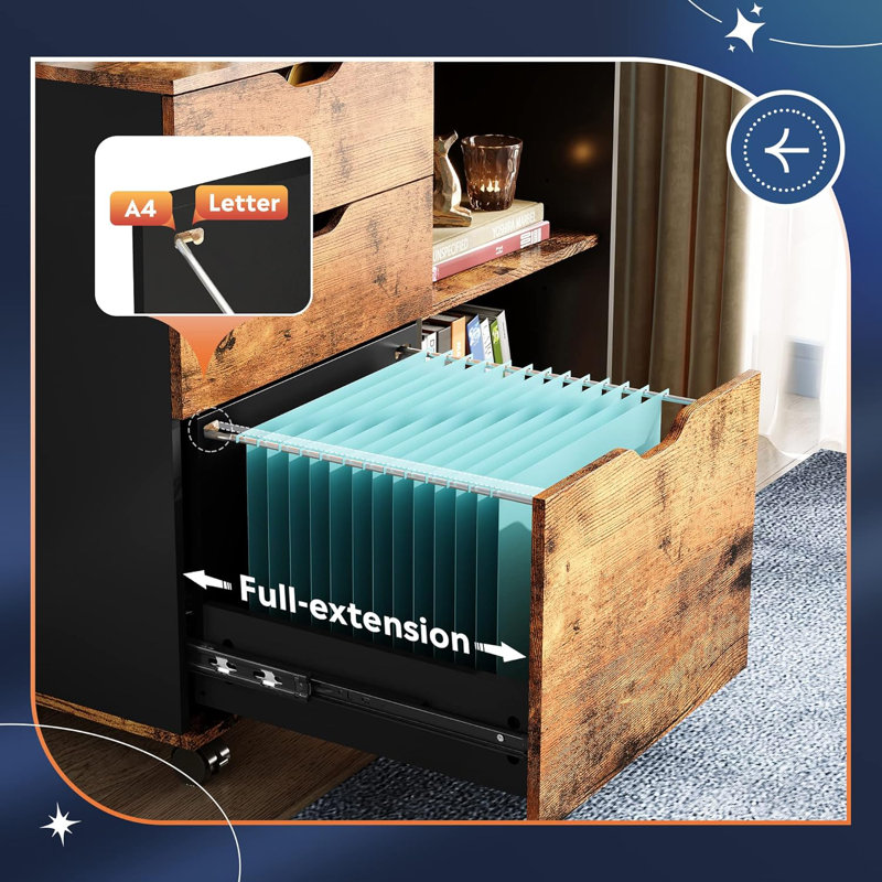 3-Drawer Wood File Cabinet, Mobile Lateral Filing Cabinet, Printer Stand With Open Storage Shelves For Home Office