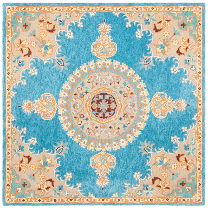 Clavene Hand Tufted Wool/Cotton Oriental Rug in Yellow/Blue, Square 6'