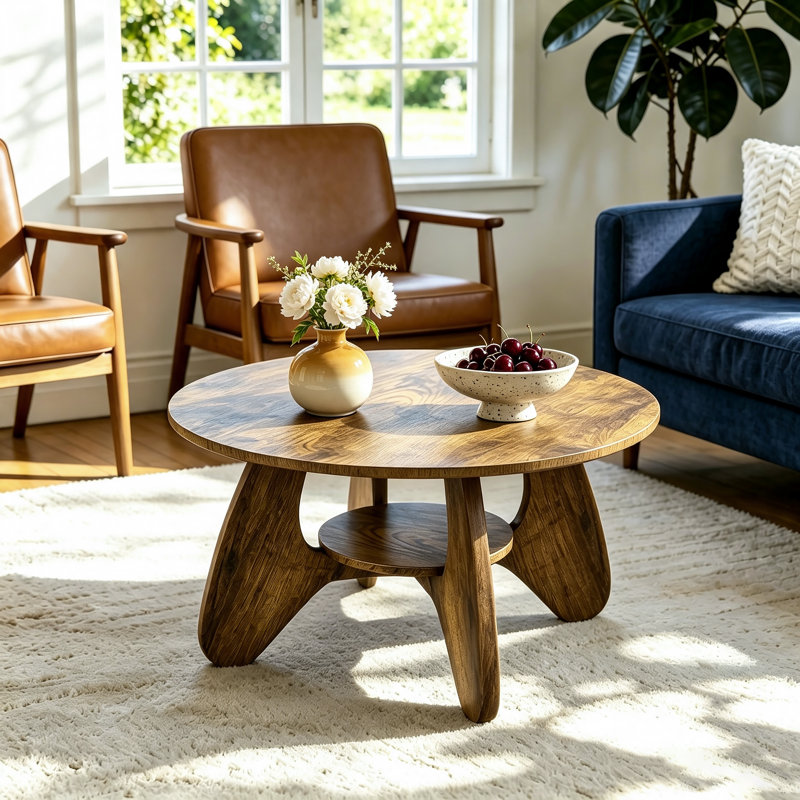 Table basse 31,5 "pour le salon, table d'appoint en bois à 2 niveaux avec rangement ouvert, Brun rustique