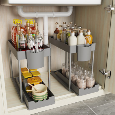 Under Sink Organizer 2 Pack, Bathroom Cabinet Organizer, 2 Tier Sliding Cabinet Basket Organizer Drawer, Multi-Purpose Bath Collection Baskets for Bathroom