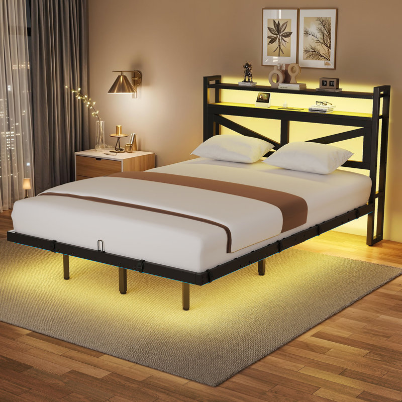 Metal Floating Bed with USB Charging Station and LED Light, Full / Double