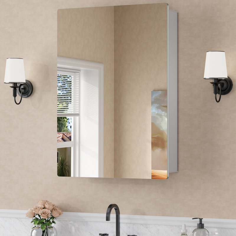 Armoire à pharmacie de salle de bain sans cadre avec miroir, l 24 po x H 30 po, avec tablettes en verre trempé réglables, rangement grande capacité, porte réversible, argent