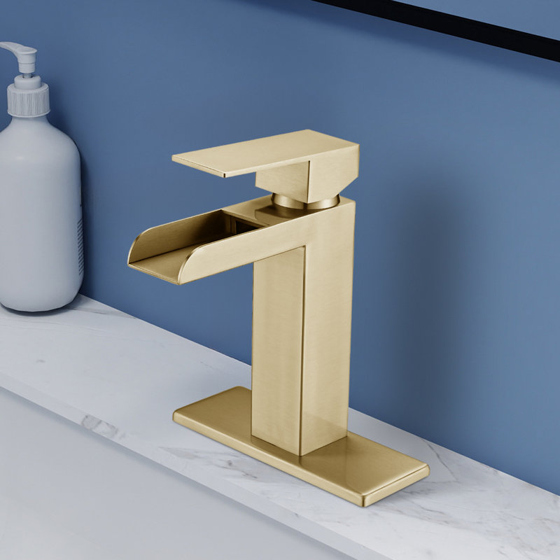 Topcraft Single Handle Waterfall Bathroom Faucet With Baseplate, Brushed Gold