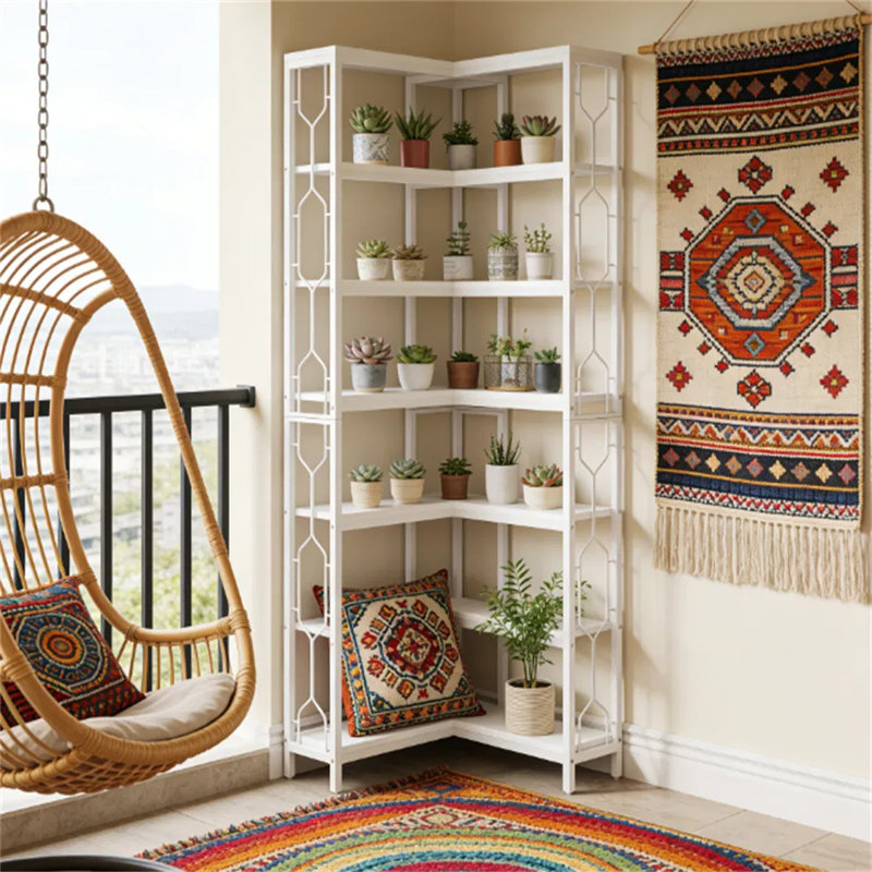 7-tier Hexagon Corner Bookshelf – Space-saving Display & Storage Unit With Side Railings, Metal Frame, Adjustable Feet For Living Room, Bedroom, Office