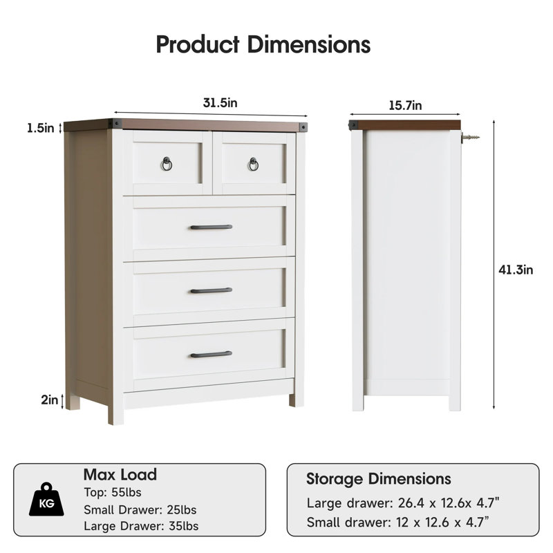 Guilhem 5 Drawer Dresser 41.3" Tall, White/Brown