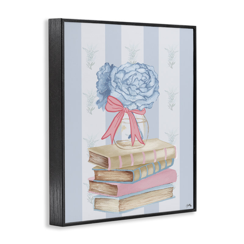 Livres empilés et hortensias bleus, estampe numérique, conception par Elizabeth Medley, H 14 po x l 11 po