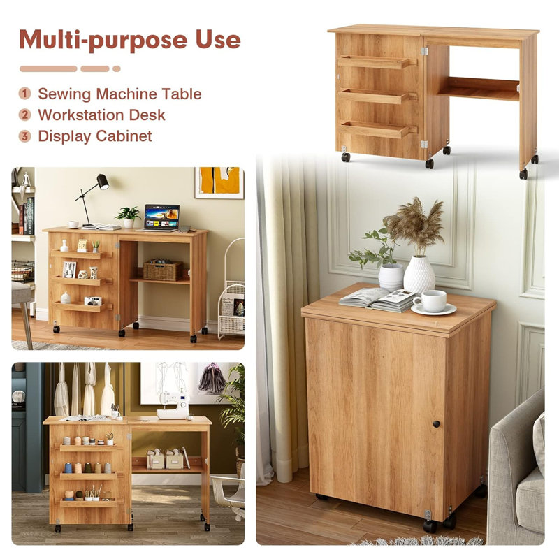 Folding Sewing Craft Table with 3 Storage Bins and Shelves