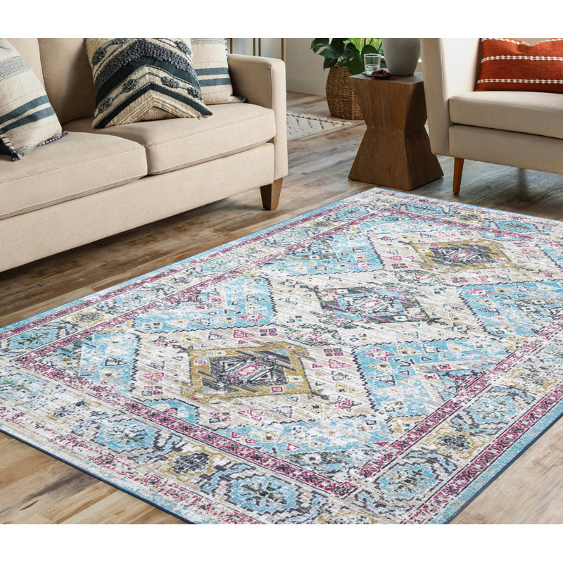 Tapis bleu lavable et antidérapant Lyanne, Rectangle 6 pi 7 po x 9 pi