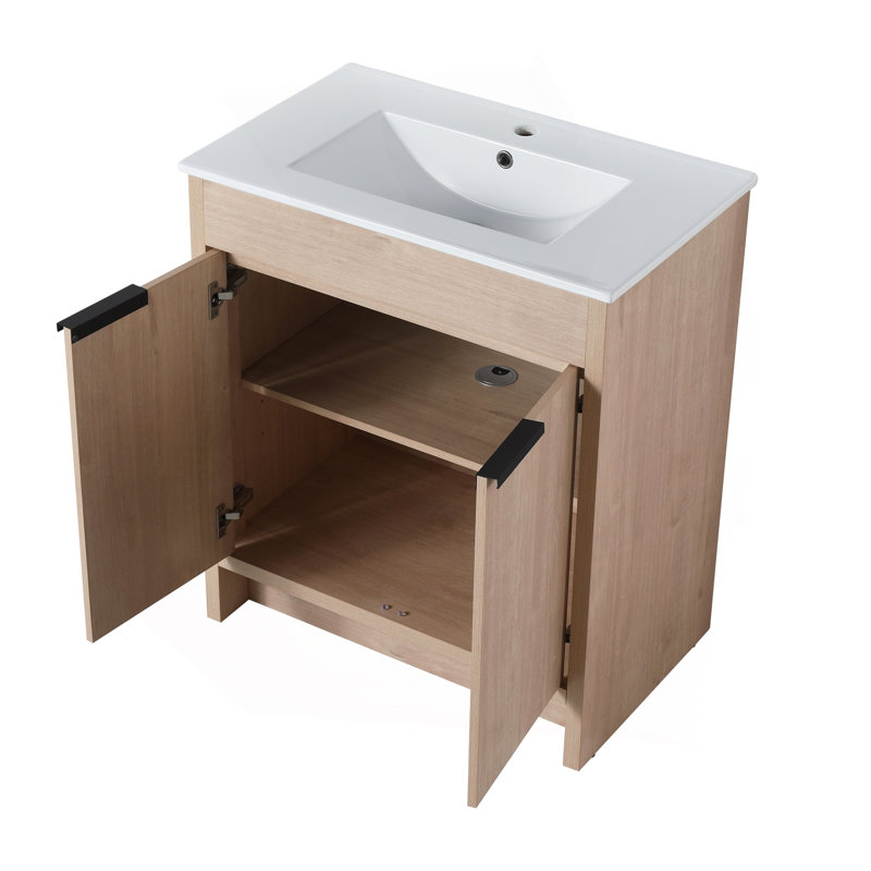 Meuble-lavabo autoportant de 30 pouces avec lavabo en céramique blanche et 2 portes d'armoire à fermeture en douceur, 30"