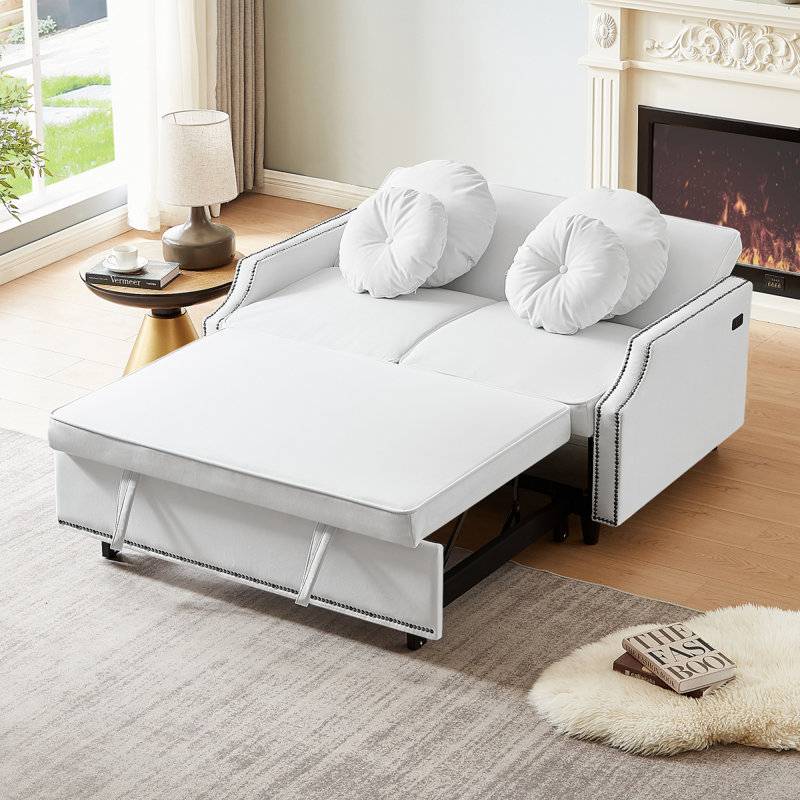 Upholstered Convertible Sofa Bed, Beige Polyester