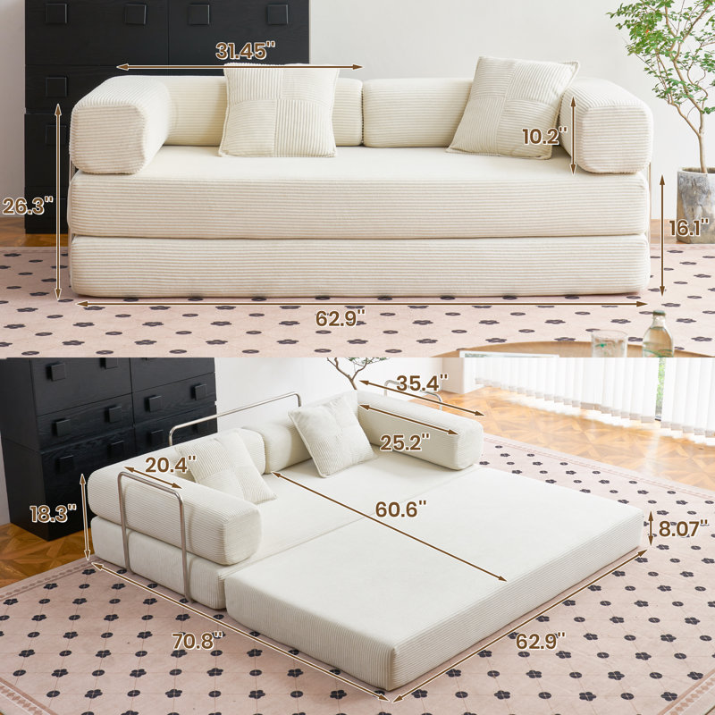 Canapé-lit Boneless Convertible, Blanc, H 26,3 po x l 62,9 po x P 35,4 po