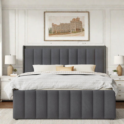Lit plateforme tapissier avec lit gigogne simple, 3 tiroirs et tête de lit à rayures