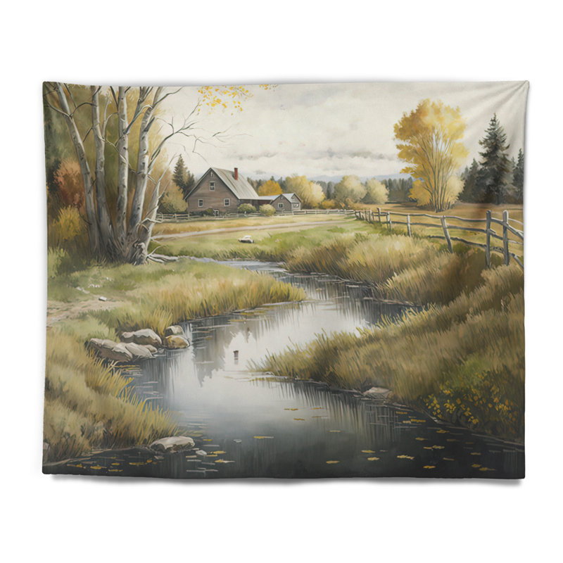 Polyester belle grange au printemps I tapisserie, H 50 po x l 60 po