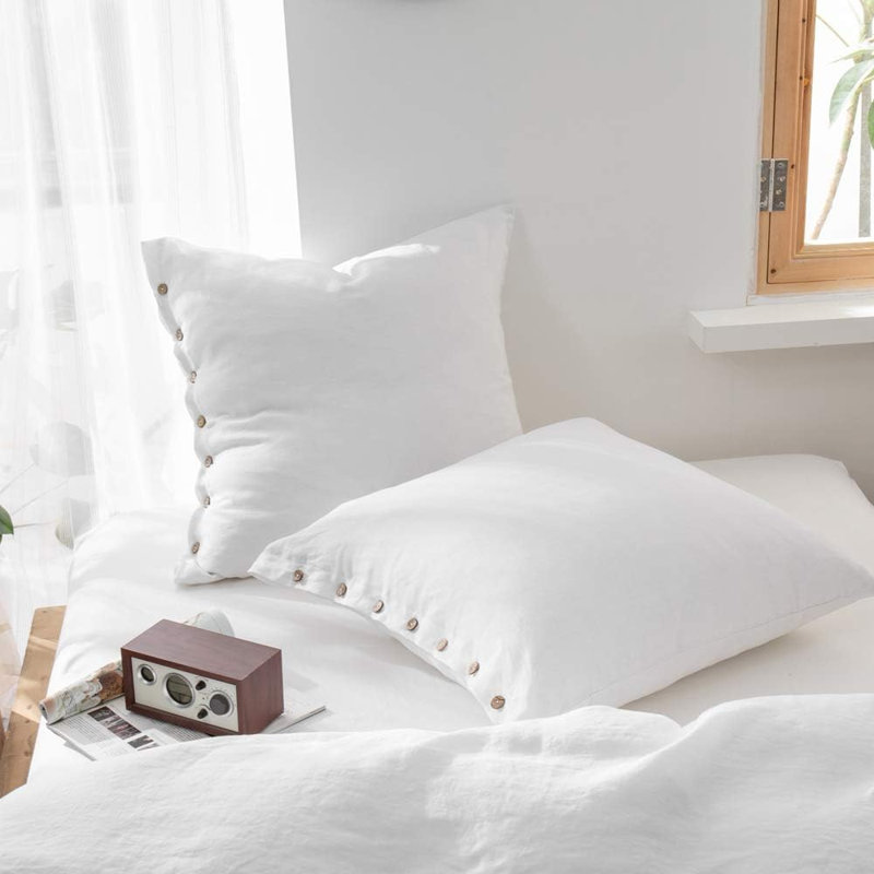 100% Washed Linen Euro Sham Cover, 26 X 26 Inch-Set Of 2, White