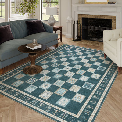 Tapis lavable rétro à carreaux - Tapis antidérapant à motif rétro pour le salon, la chambre à coucher ou le vestibule
