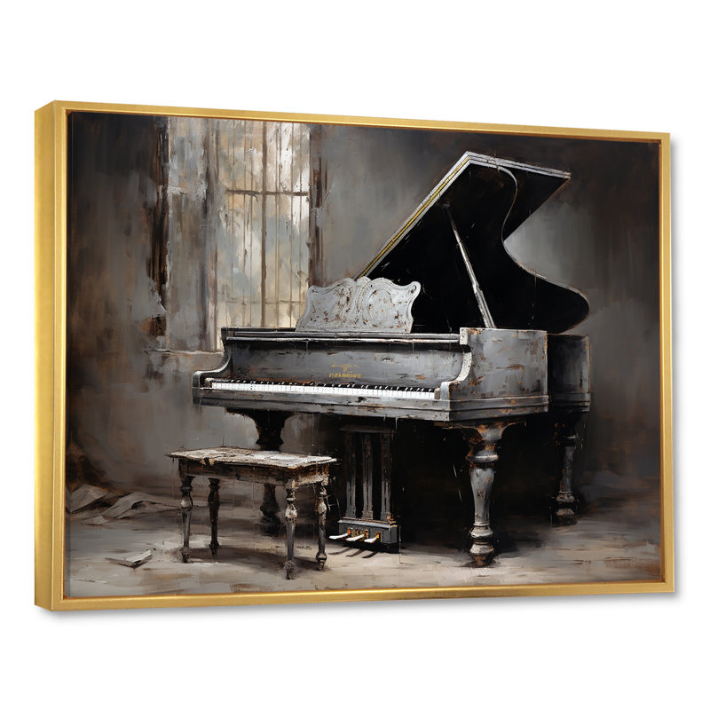 «Grey Piano Mélancolique Melody I» sur toile, Cadre flottant doré, H 16 po x l 32 po x P 1 po