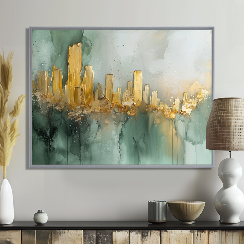 Emerald and Marble City Urban Jazz II - Art mural moderne abstrait abstrait, H 34 po x l 44 po, Cadre flottant, Argent argent