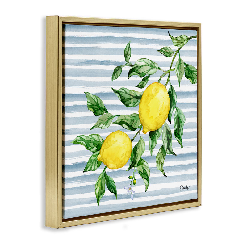 Vigne citron juteuse sur cadre flottant bleu, design par Paul Brent, H 18 po x l 18 po, Cadre flottant métallique doré