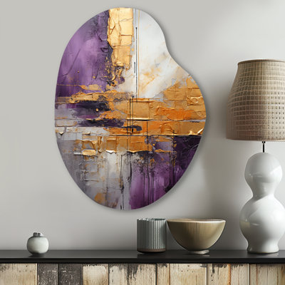 Kocher Gold Purple Abstract Fractal III - Fractals Unique Shape Metal Wall Decor, Gold Asymmetrical Metal Art Print
