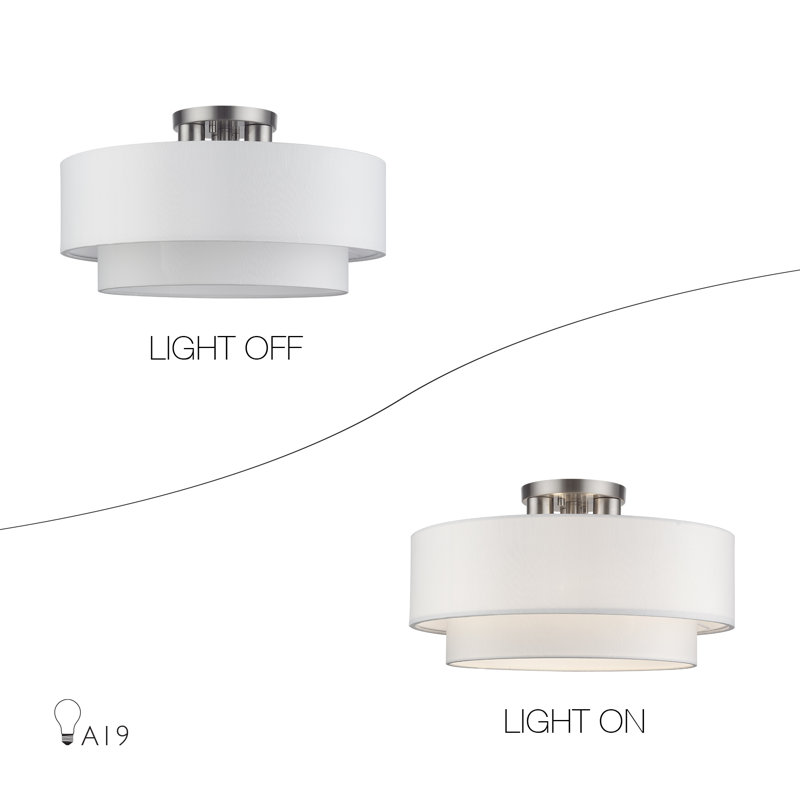 3 Light Soft Gold Large Semi-Flush With Hand Crafted Off-White Color Fabric Hardback Shades, Brushed Nickel