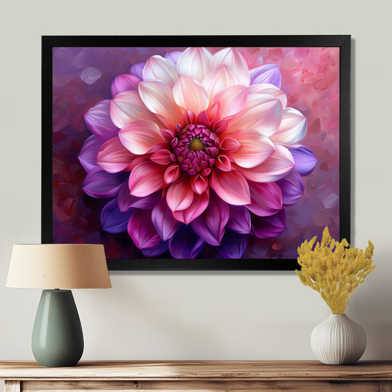 «Dahlia», art floral mauve, Cadre simple noir, H 16 po x l 32 po