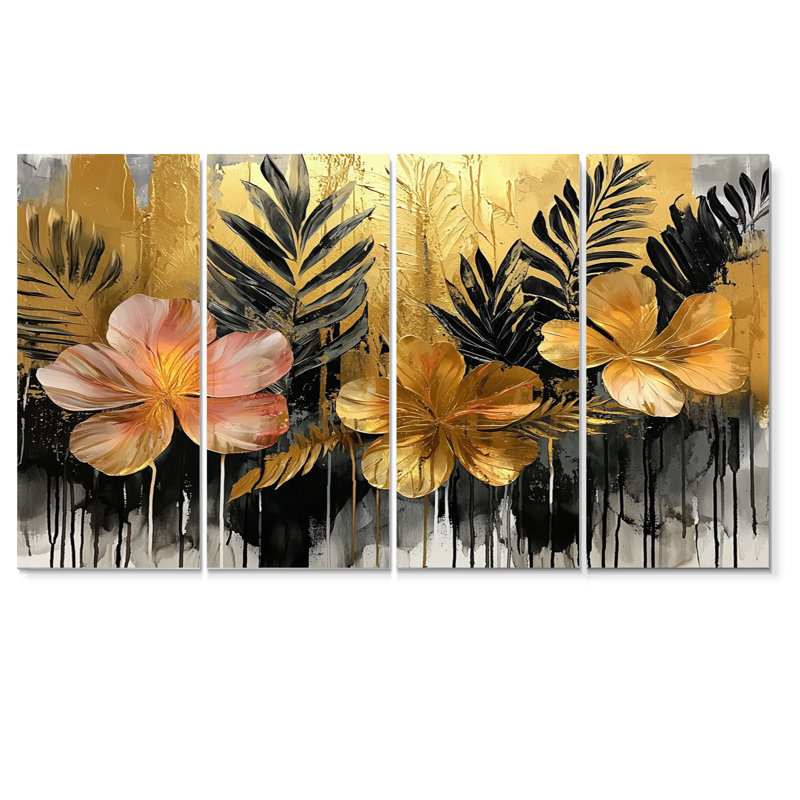 Hibiscus doré dans une symphonie tropicale III - art mural hibiscus - décoration murale traditionnelle, H 28 po x l 48 po, 4