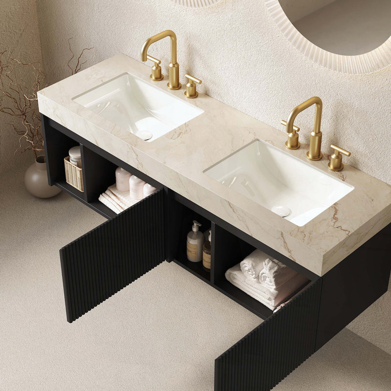 Meuble-lavabo double suspendu avec comptoir en pierre frittée couleur crème veinée or et deux lavabos en céramique, 3 trous pré-percés pour robinetterie