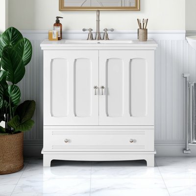 30" Bathroom Vanity with Integrated Ceramic Sink, Solid Wood Frame Bathroom Cabinet with Adjustable Shelf and Drawer Divider, Freestanding Single Sink Vanity with Storage
