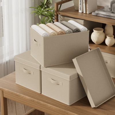 Fabric Storage Bin Set with Lids and Handles, Premium Fabric Foldable Rectangle Bin Stackable Closet Storage Beige Fabric Box for Clothes, Toys, Bedroom Wardrobe Organizer ( Set of 3)