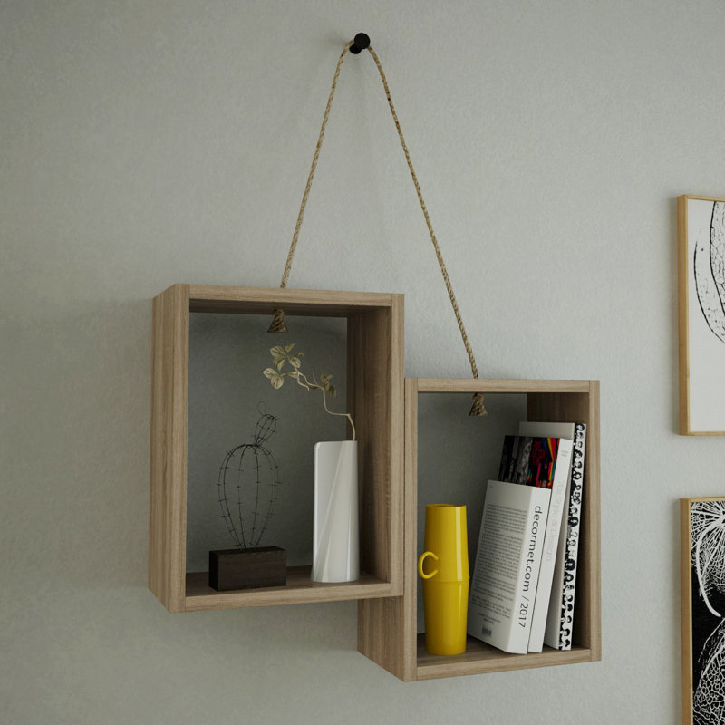 Tablette décorative 2 pièces avec tablettes réglables Abdelmageed, Chêne