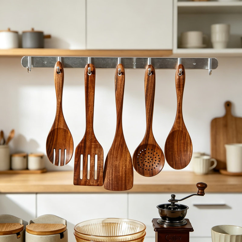Ensemble de cuillères en bois de teck naturel pour la cuisson - 5 ustensiles de cuisine avec spatule, écumoire, cuillère à fente, fourchette à salade - outils antiadhésifs et résistants à la chaleur