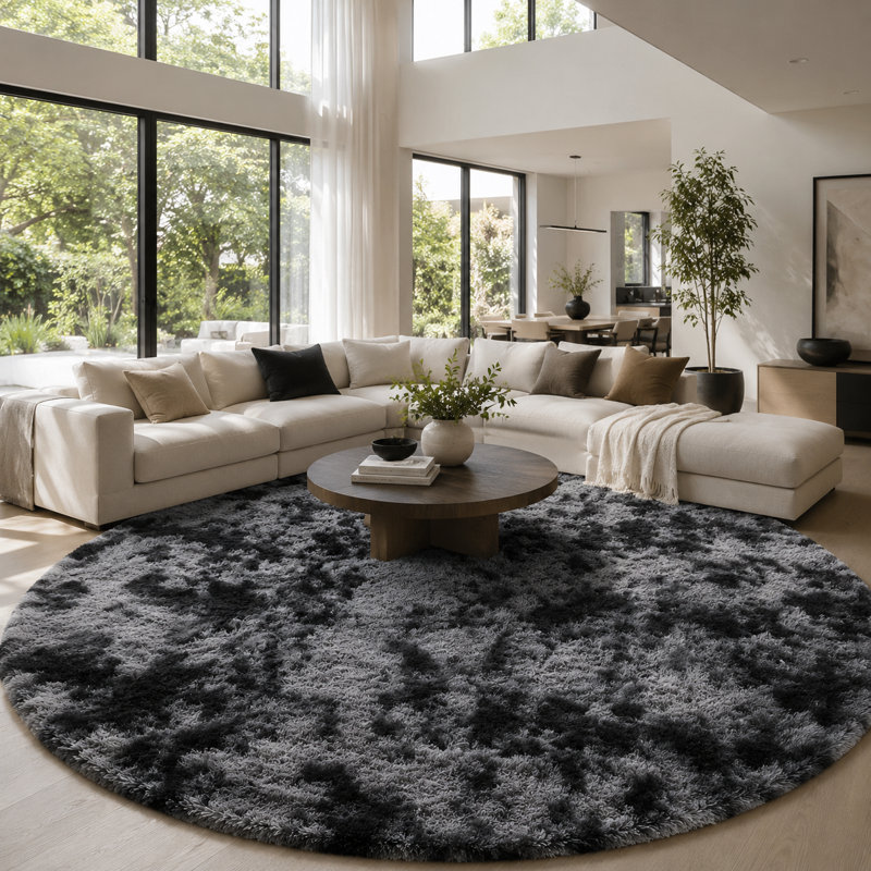 Ebern Designs Soft Fluffy Tie-Dyed Dark Grey Shag Area Rug for Living Room Bedroom Nursery Kids Room, Round 7'