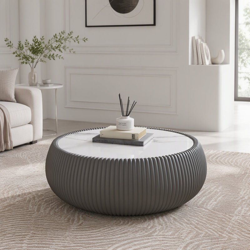 Table basse cylindrique avec plateau en pierre frittée et cuir, Or, gris / blanc