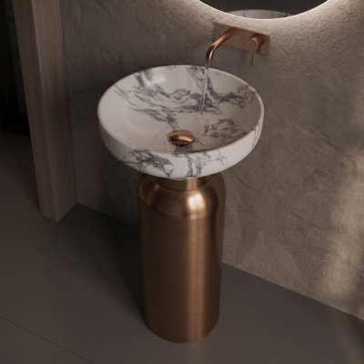 18'' Freestanding Solid Surface Marble-Veined Pedestal Bathroom Sink with Brushed Bronze Stainless Steel Base