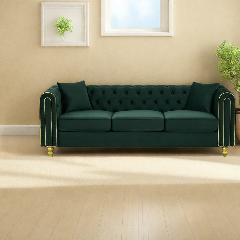 Canapé Chesterfield moderne en velours vert de 86 pouces pour une maison spacieuse